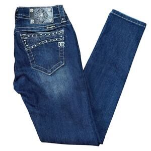 MISS ME Signature Skinny Jeans Size 28 X 31.5” Zippers Rhinestones Dark Wash